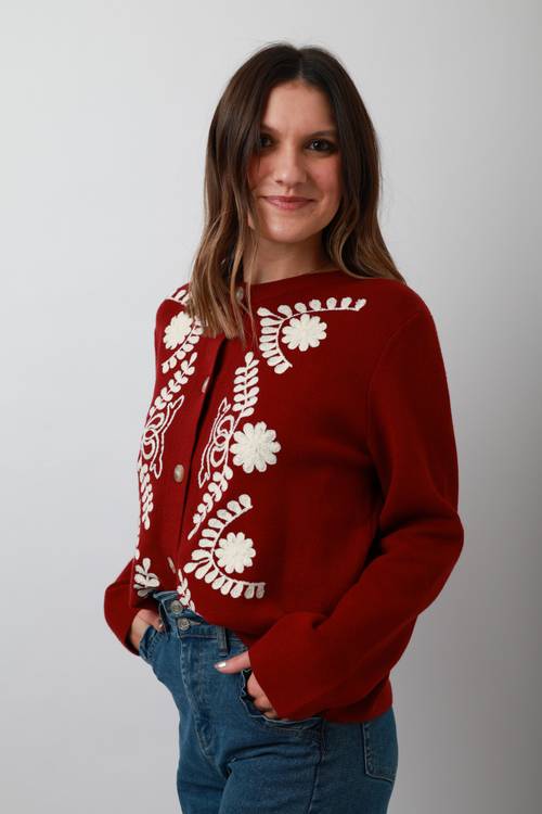 Gilet brodé bordeaux & blanc 1