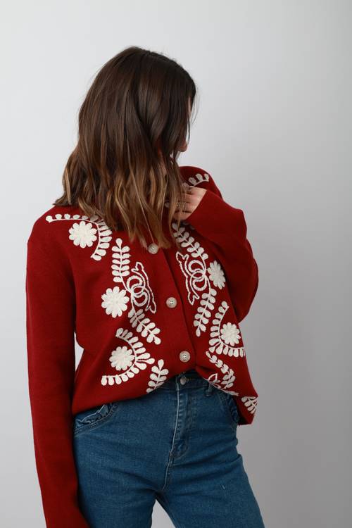 Gilet brodé bordeaux & blanc 3