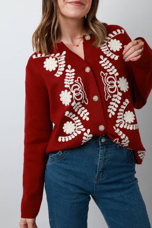 Gilet brodé bordeaux & blanc 0